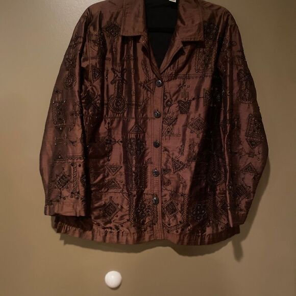 Chico’s Design 100% Silk Embroidery Blazer Jacket Size 2 (Large) Brown Beaded - Picture 3 of 15
